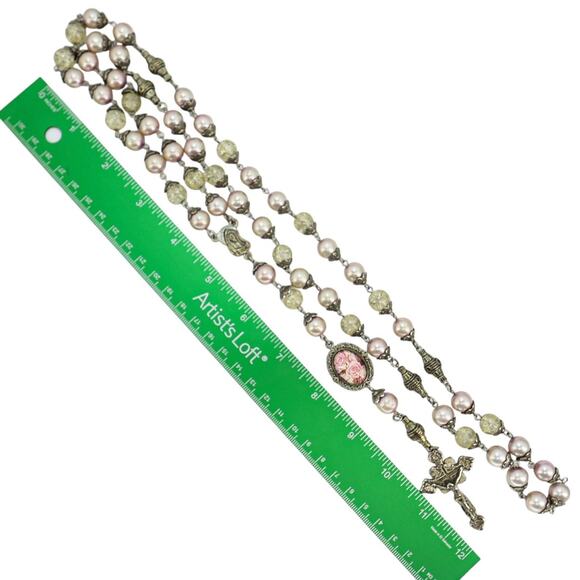 Vintage Large Display Ceremonial Ornate Rosary Faux Pearl & Crackle Glass Beads - Picture 2 of 10